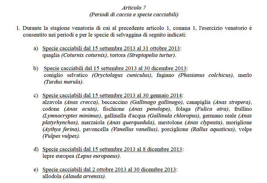 Calendario di caccia 2013-2014 per specie